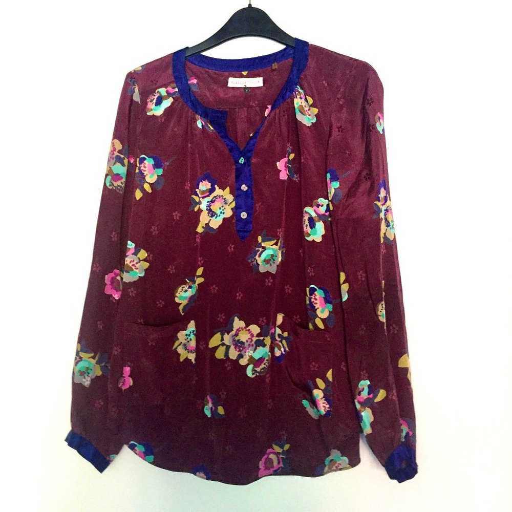 Rebecca Taylor 100% Silk Purple Blue Floral Print Top Long Sleeves Blouse Size 4